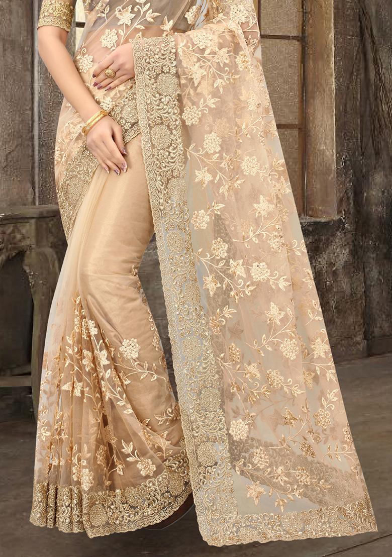 Beige Sequin Zari Stone Border Net Saree Set