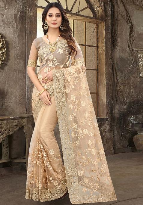 Beige Sequin Zari Stone Border Net Saree Set