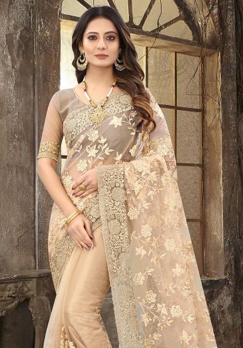 Beige Sequin Zari Stone Border Net Saree Set
