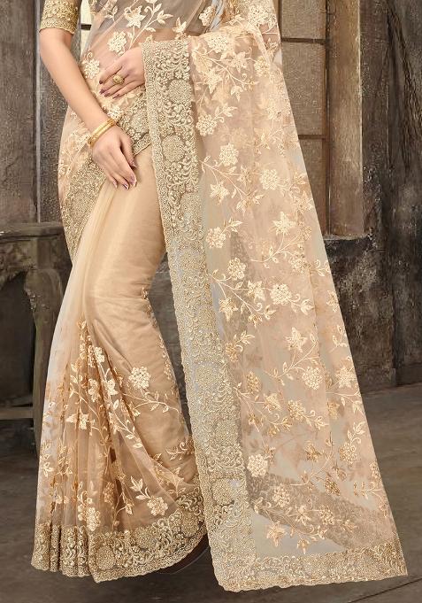 Beige Sequin Zari Stone Border Net Saree Set