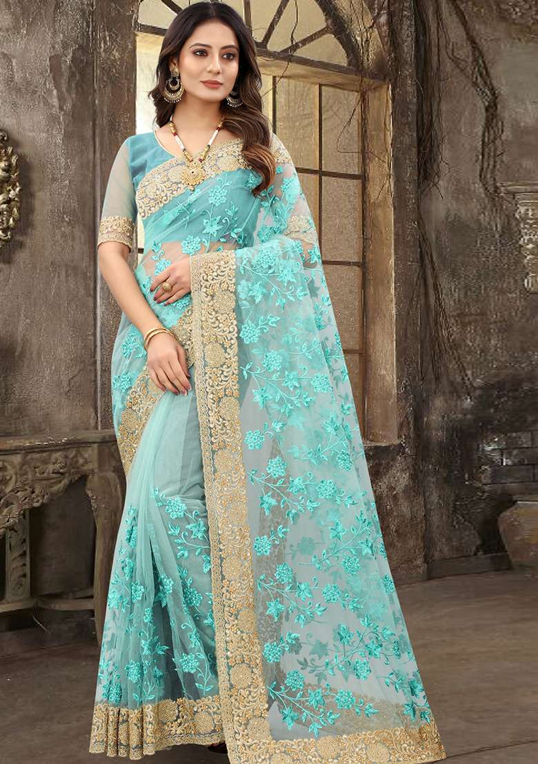 Sky Blue Sequin Zari Stone Border Net Saree Set for Diwali and Festive Wear - Indya