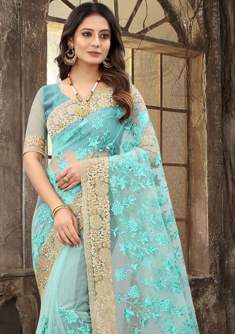 Sky Blue Sequin Zari Stone Border Net Saree Set for Diwali and Festive Wear - Indya