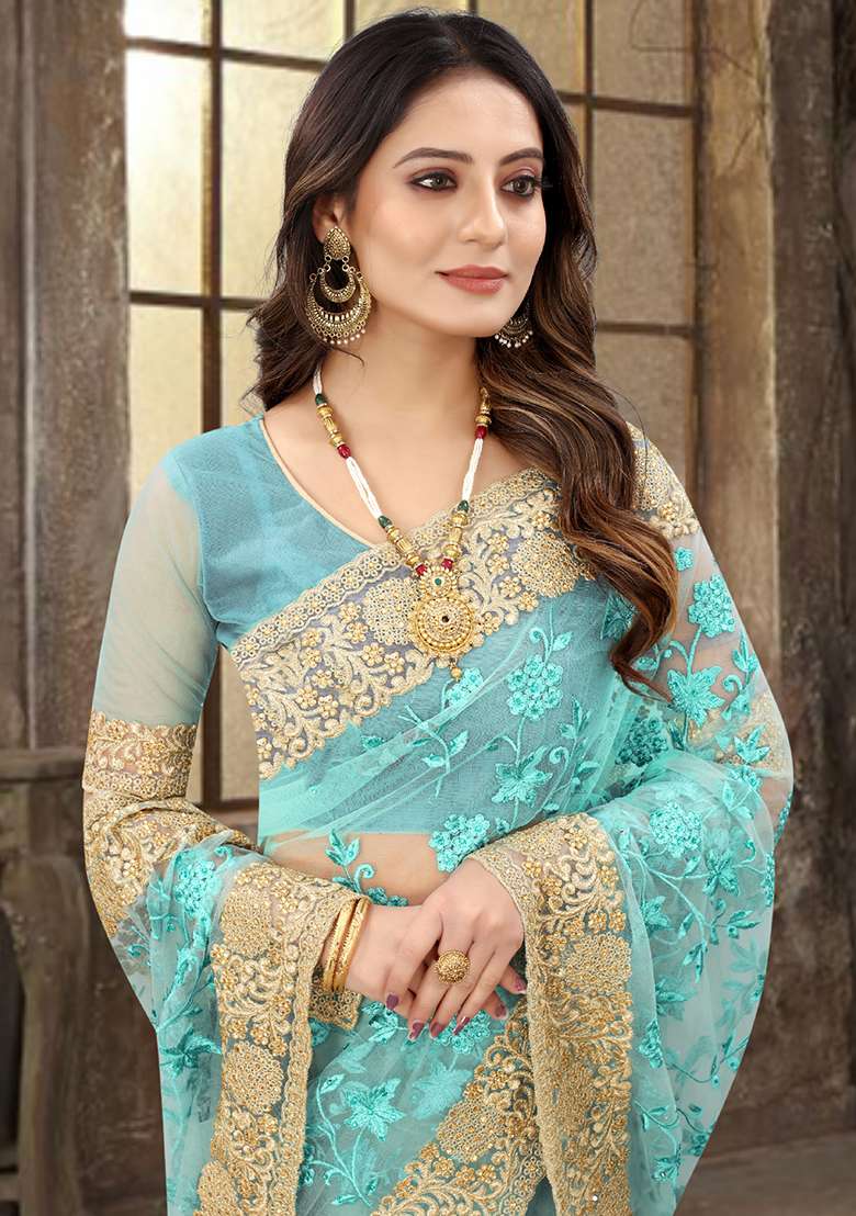 Sky Blue Sequin Zari Stone Border Net Saree Set for Diwali and Festive Wear - Indya