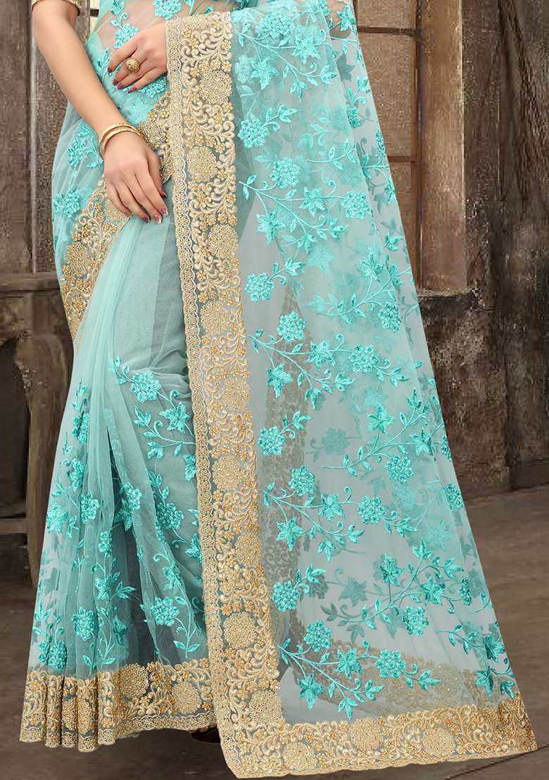 Sky Blue Sequin Zari Stone Border Net Saree Set for Diwali and Festive Wear - Indya