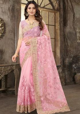 Pink Sequin Zari Stone Border Net Saree Set