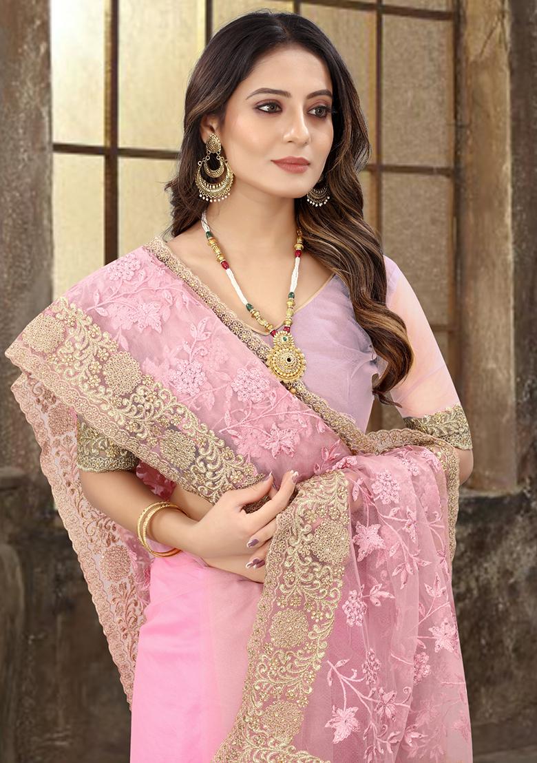 Pink Sequin Zari Stone Border Net Saree Set