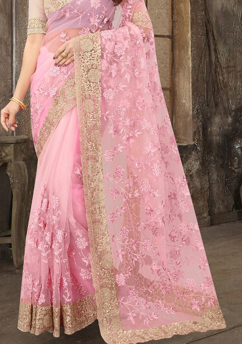 Pink Sequin Zari Stone Border Net Saree Set