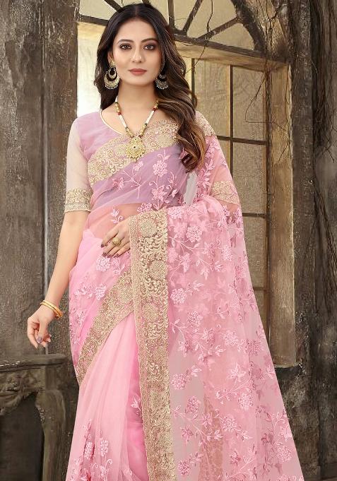 Pink Sequin Zari Stone Border Net Saree Set