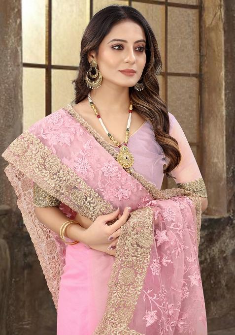 Pink Sequin Zari Stone Border Net Saree Set