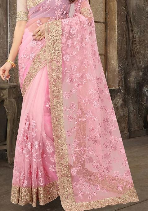Pink Sequin Zari Stone Border Net Saree Set