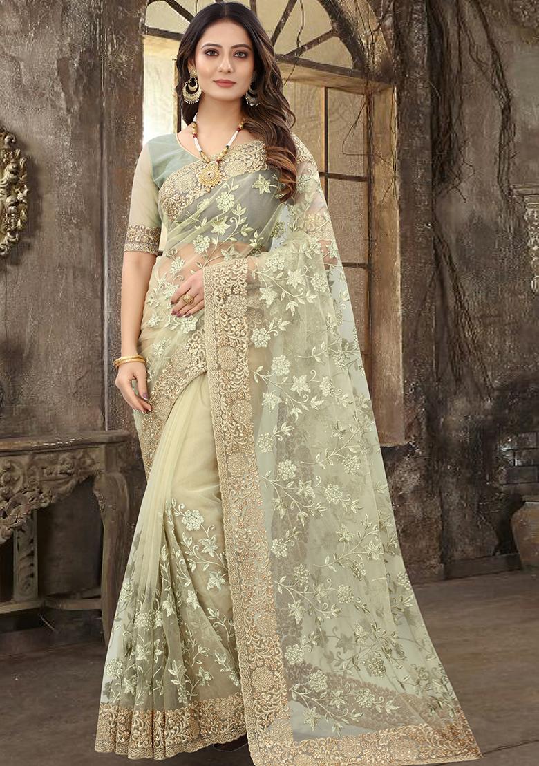 Beige Sequin Zari Stone Border Net Saree Set - Indya