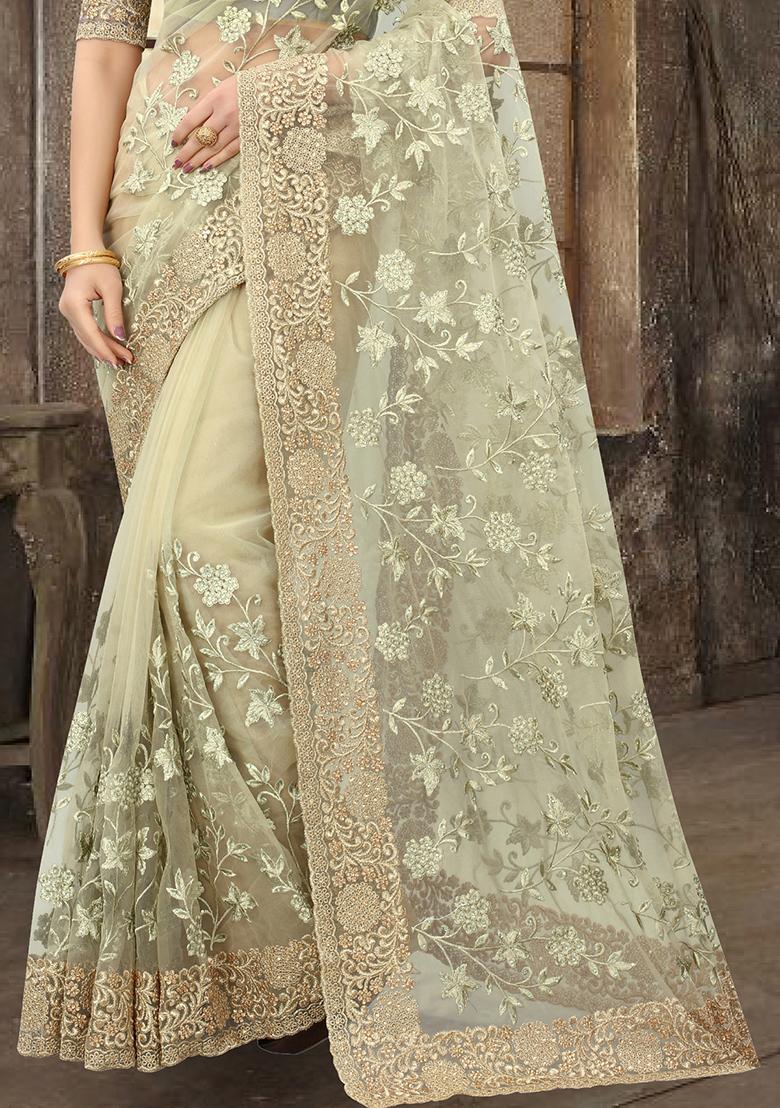 Beige Sequin Zari Stone Border Net Saree Set