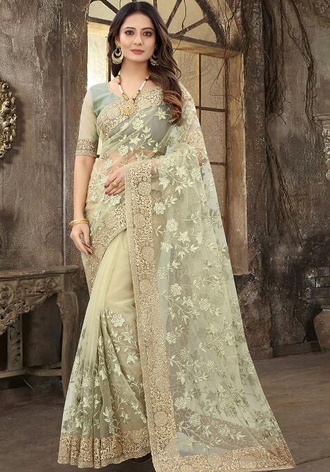 Beige Sequin Zari Stone Border Net Saree Set