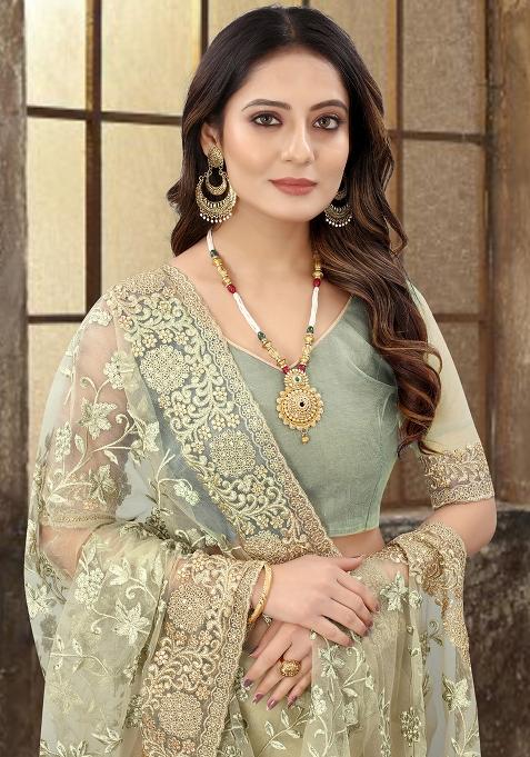 Beige Sequin Zari Stone Border Net Saree Set