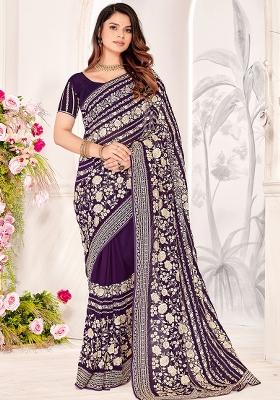 Purple Zarkan Stone Border Georgette Saree Set
