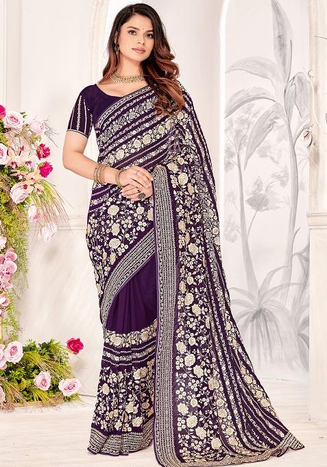 Purple Zarkan Stone Border Georgette Saree Set