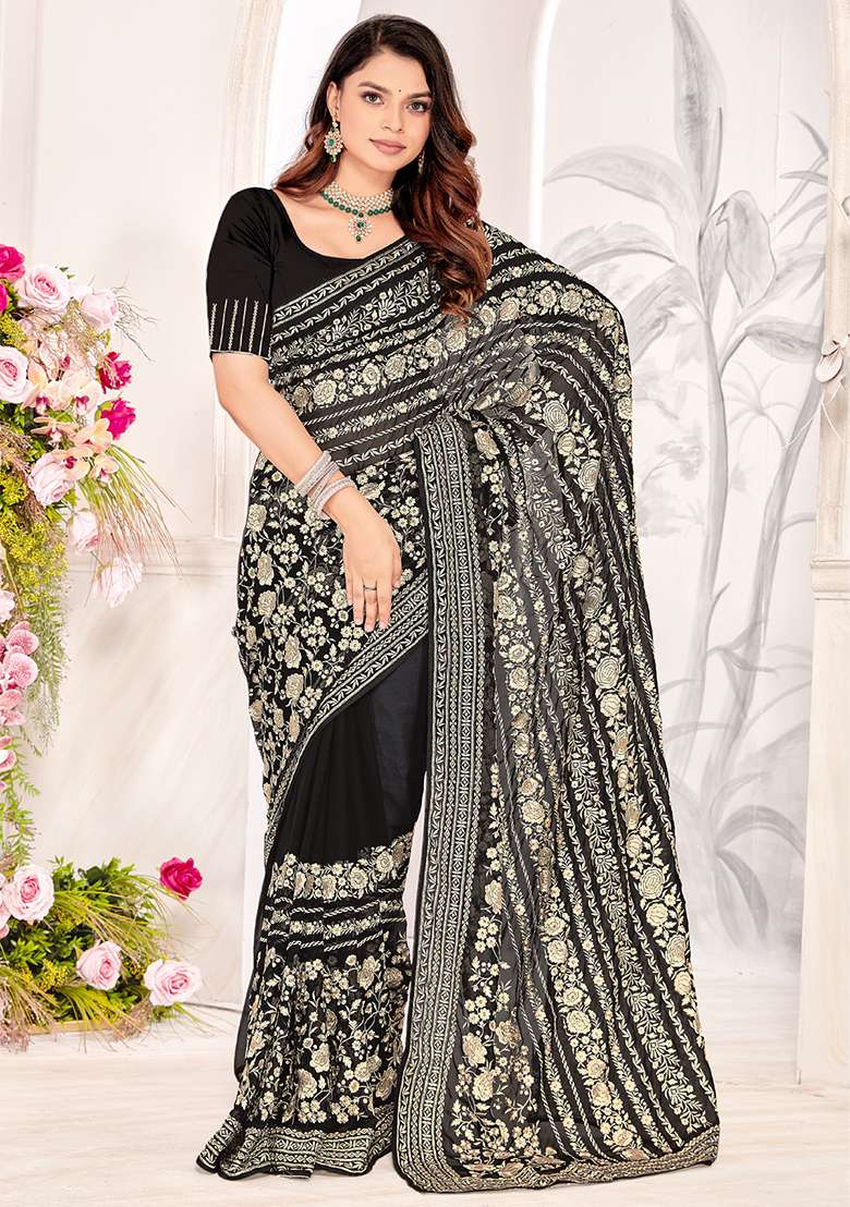 Black Zarkan Stone Border Georgette Saree Set - Indya