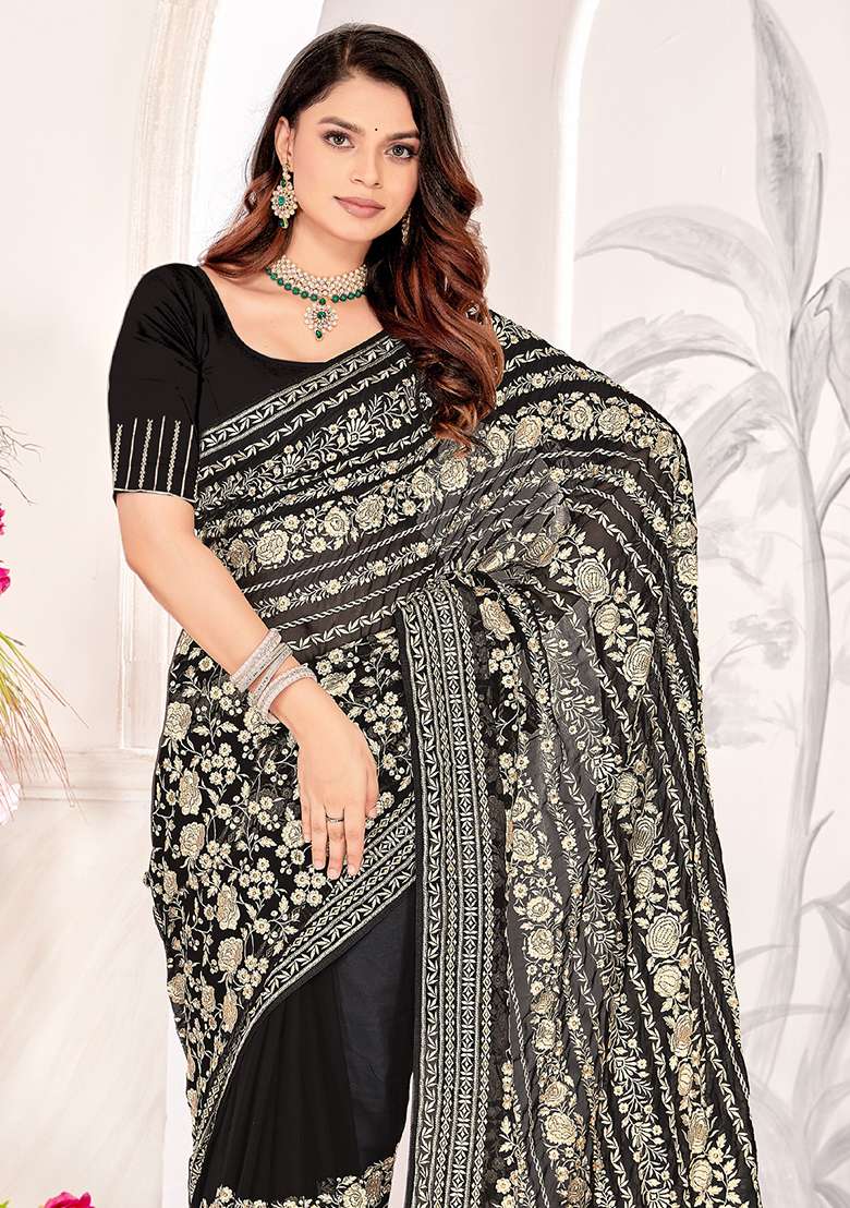 Black Zarkan Stone Border Georgette Saree Set - Indya