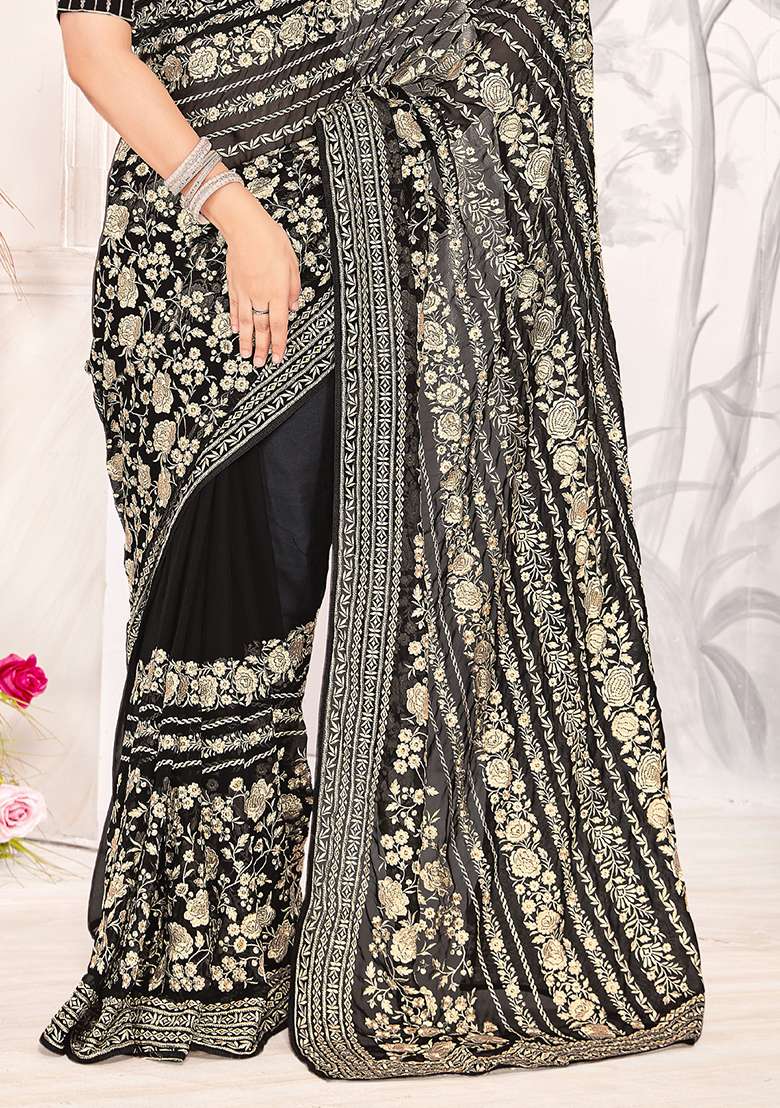 Black Zarkan Stone Border Georgette Saree Set - Indya