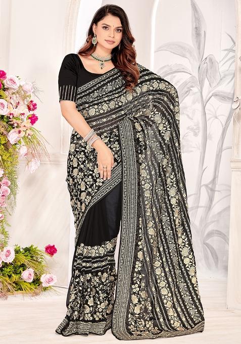 Black Zarkan Stone Border Georgette Saree Set