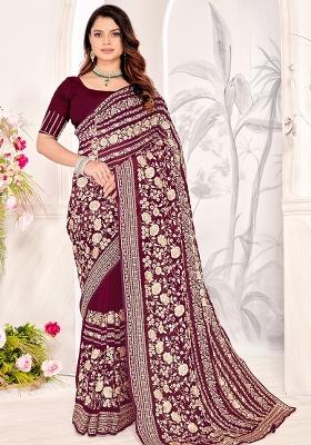 Maroon Zarkan Stone Border Georgette Saree Set