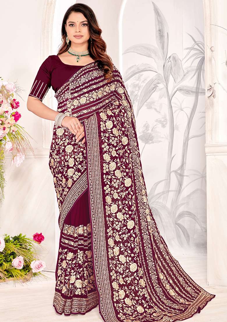 Maroon Zarkan Stone Border Georgette Saree Set - Indya