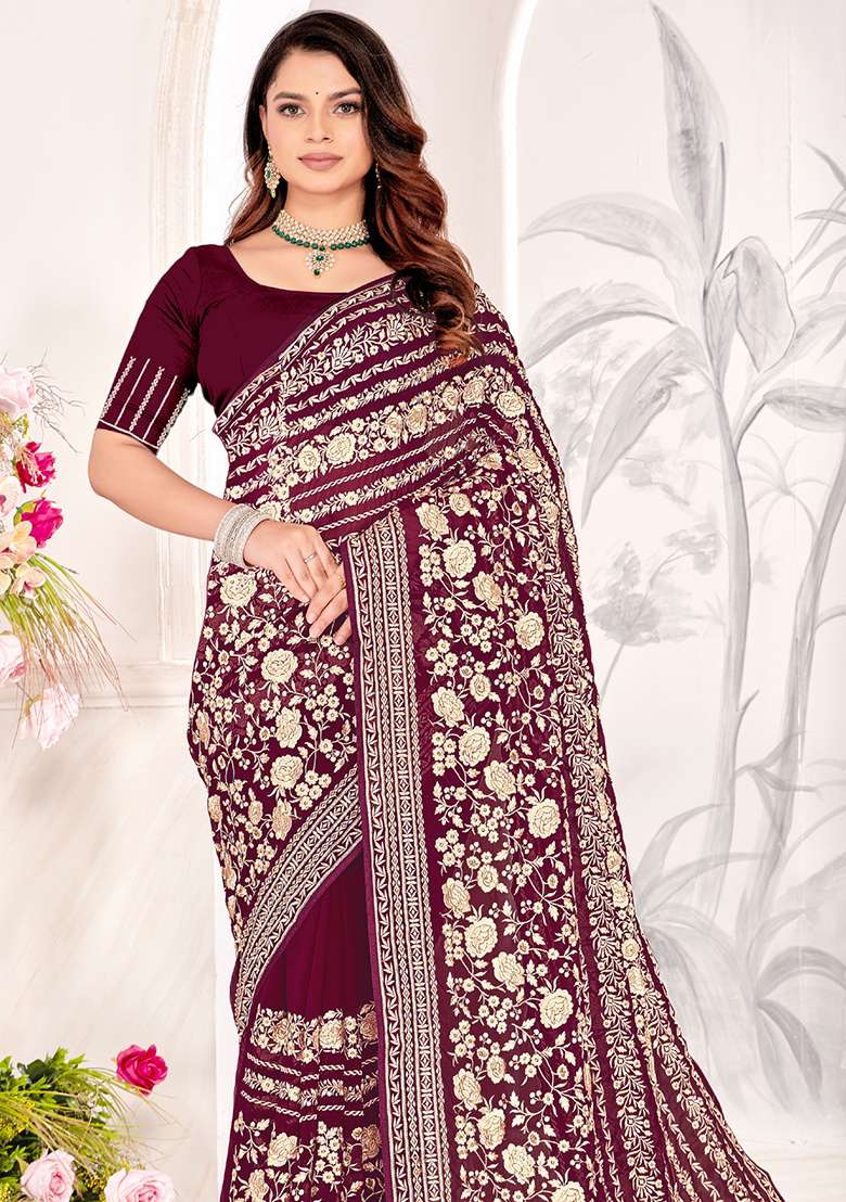 Maroon Zarkan Stone Border Georgette Saree Set - Indya