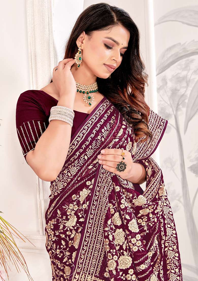 Maroon Zarkan Stone Border Georgette Saree Set - Indya