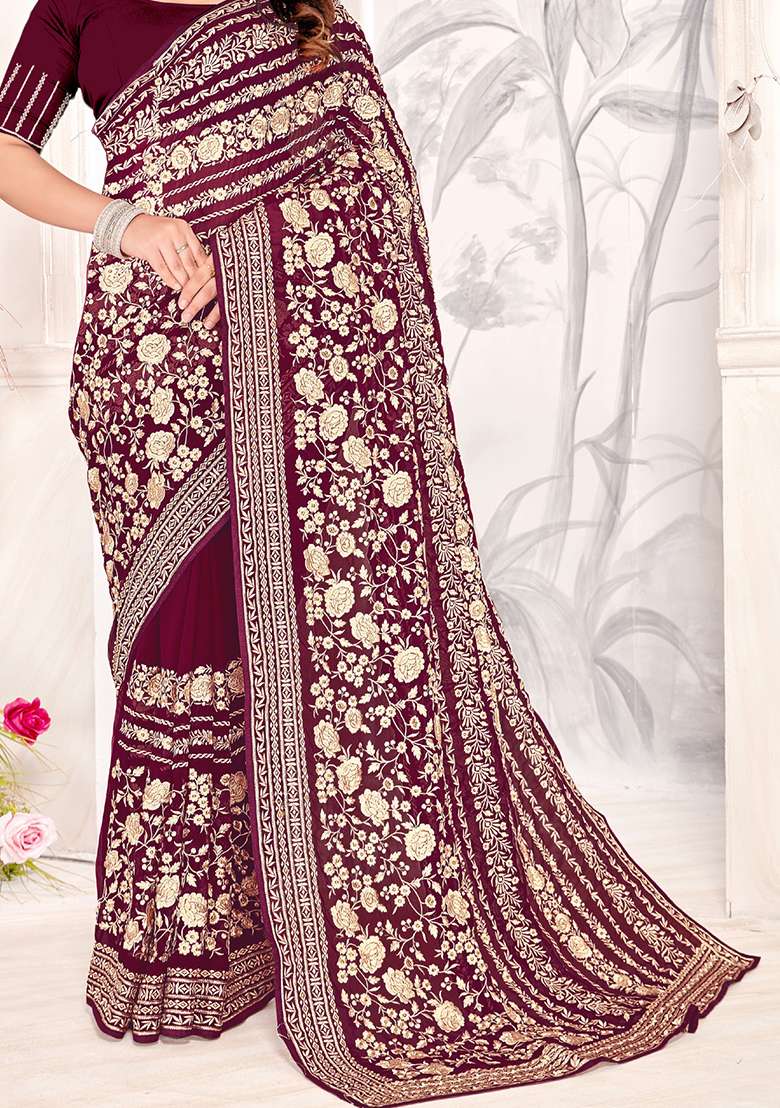 Maroon Zarkan Stone Border Georgette Saree Set - Indya