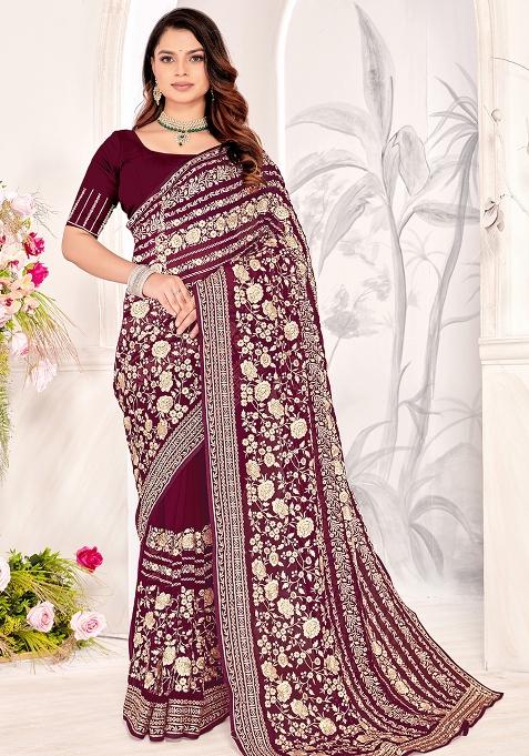 Maroon Zarkan Stone Border Georgette Saree Set