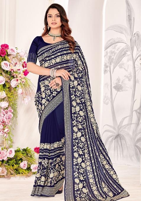 Navy Blue Zarkan Stone Border Georgette Saree Set