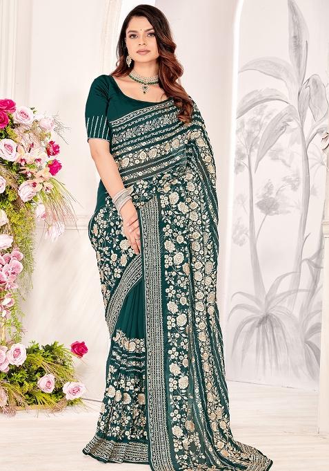 Teal Blue Zarkan Stone Border Georgette Saree Set