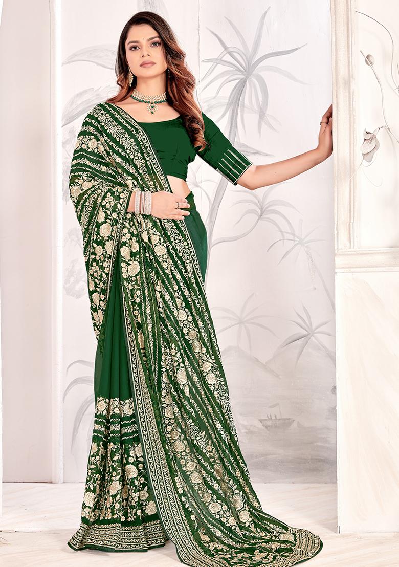 Bottle Green Zarkan Stone Border Georgette Saree Set