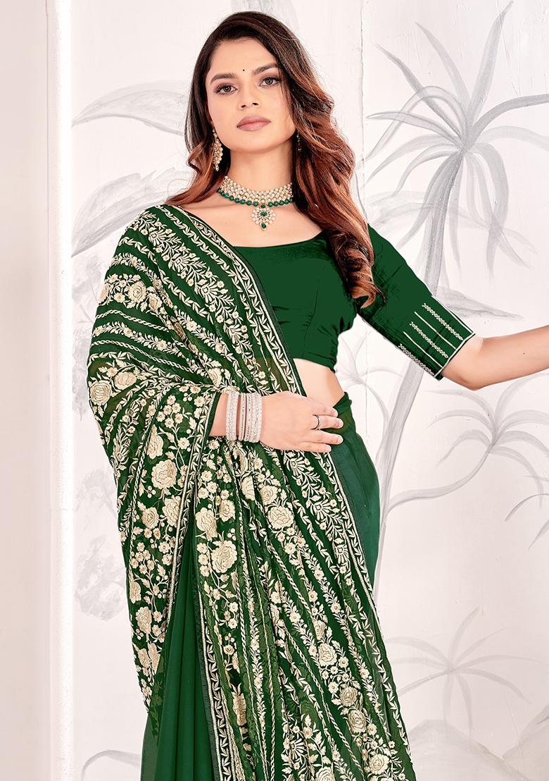 Bottle Green Zarkan Stone Border Georgette Saree Set