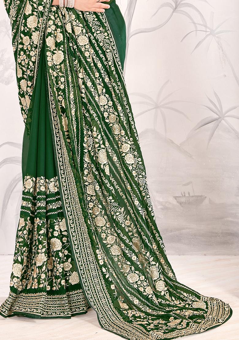 Bottle Green Zarkan Stone Border Georgette Saree Set
