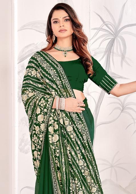 Bottle Green Zarkan Stone Border Georgette Saree Set