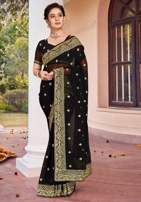 Black Zarkan Stone Border Georgette Saree Set