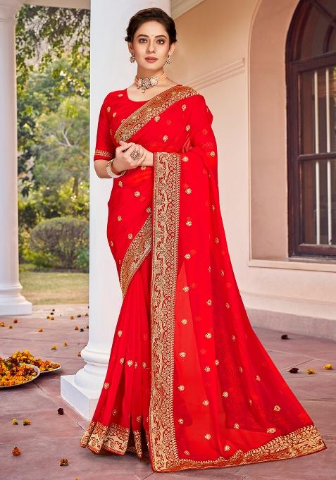 Red Zarkan Stone Border Georgette Saree Set
