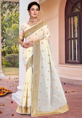 Off White Zarkan Stone Border Georgette Saree Set