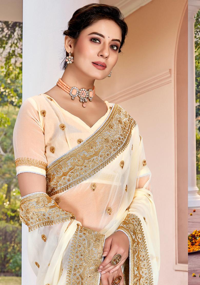 Off White Zarkan Stone Border Georgette Saree Set