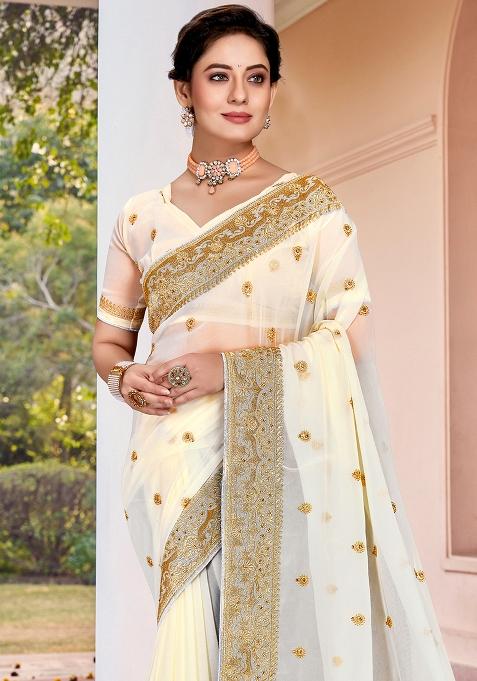 Off White Zarkan Stone Border Georgette Saree Set