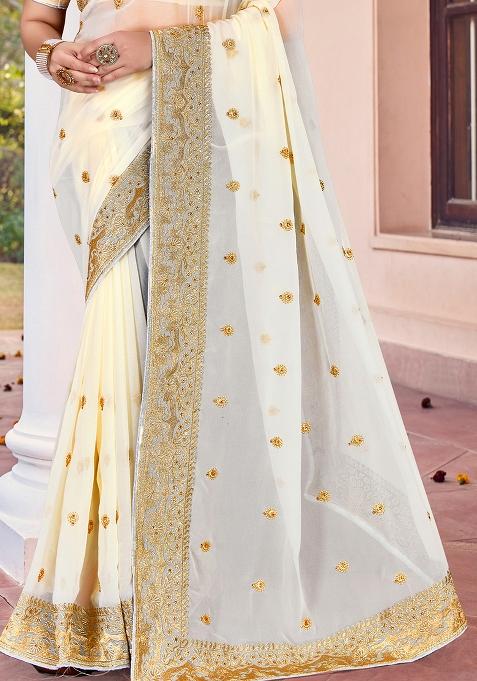 Off White Zarkan Stone Border Georgette Saree Set