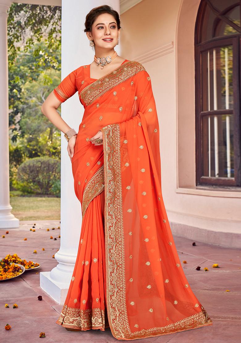 Peach Zarkan Stone Border Georgette Saree Set