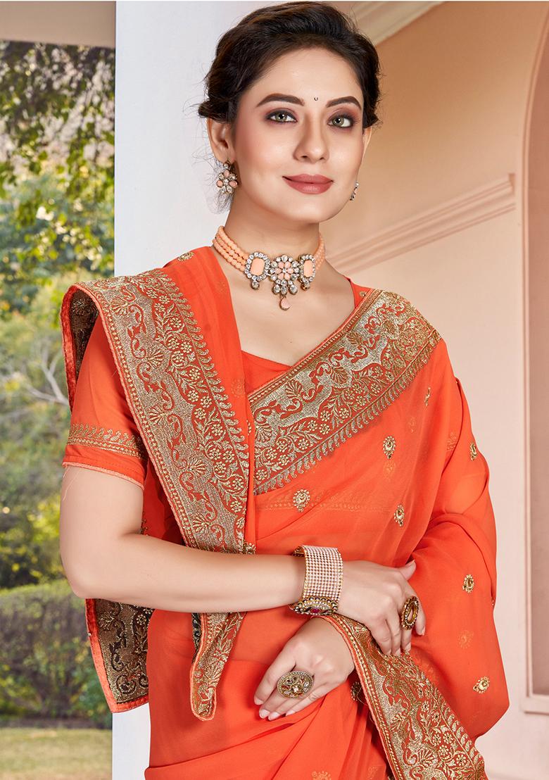 Peach Zarkan Stone Border Georgette Saree Set
