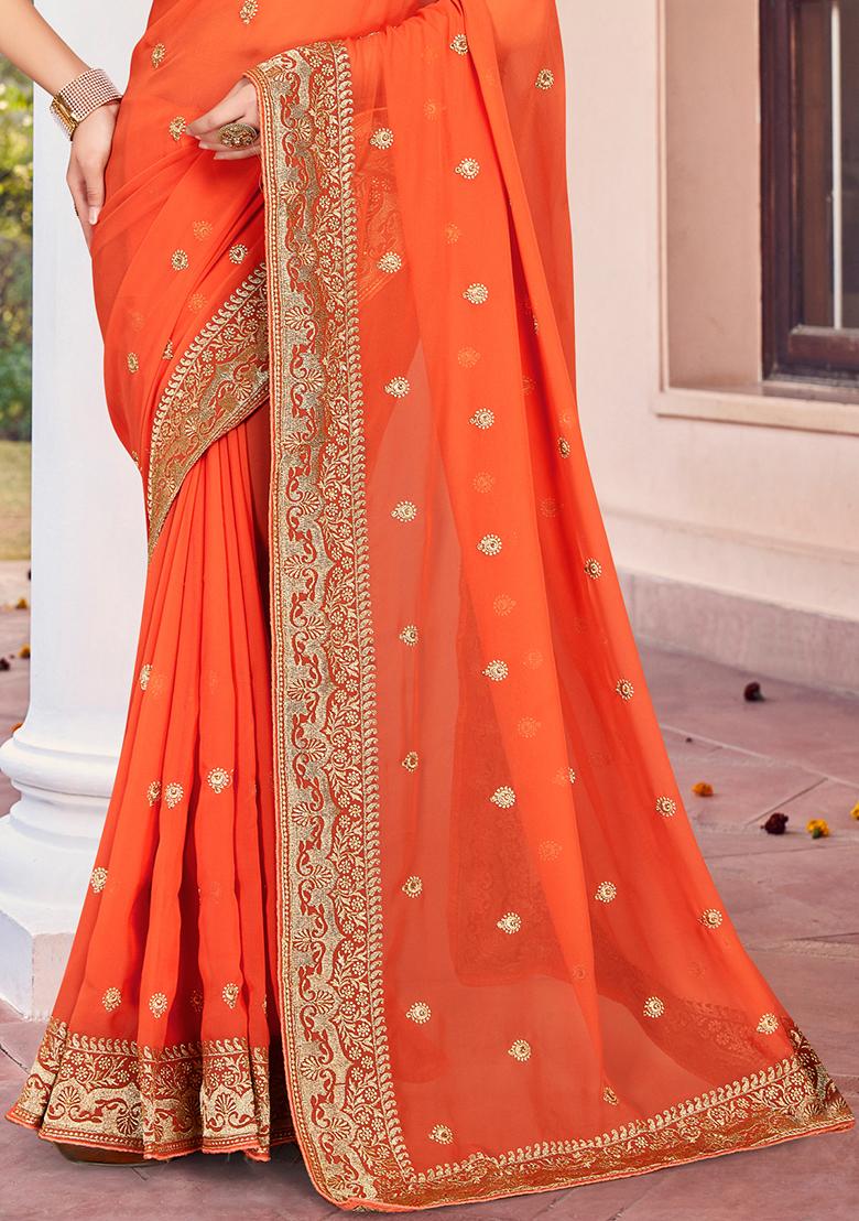 Peach Zarkan Stone Border Georgette Saree Set