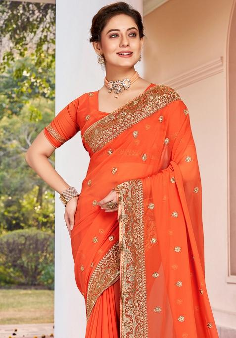 Peach Zarkan Stone Border Georgette Saree Set