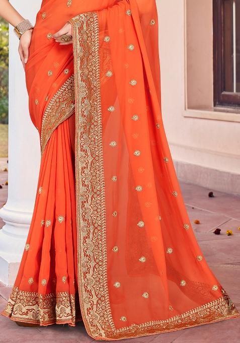 Peach Zarkan Stone Border Georgette Saree Set
