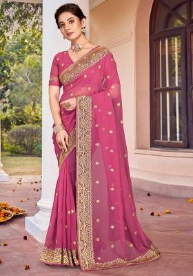 Pink Zarkan Stone Border Georgette Saree Set