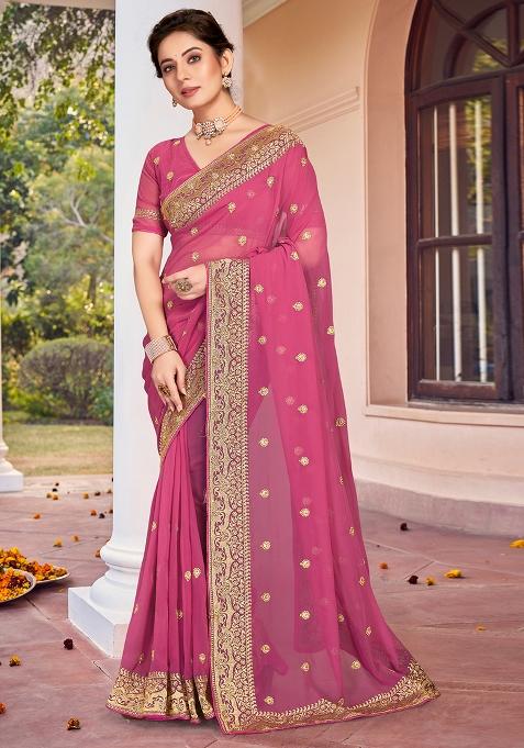 Pink Zarkan Stone Border Georgette Saree Set