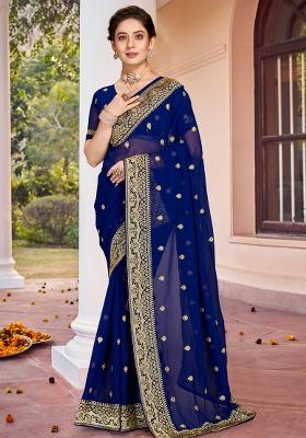 Navy Blue Zarkan Stone Border Georgette Saree Set